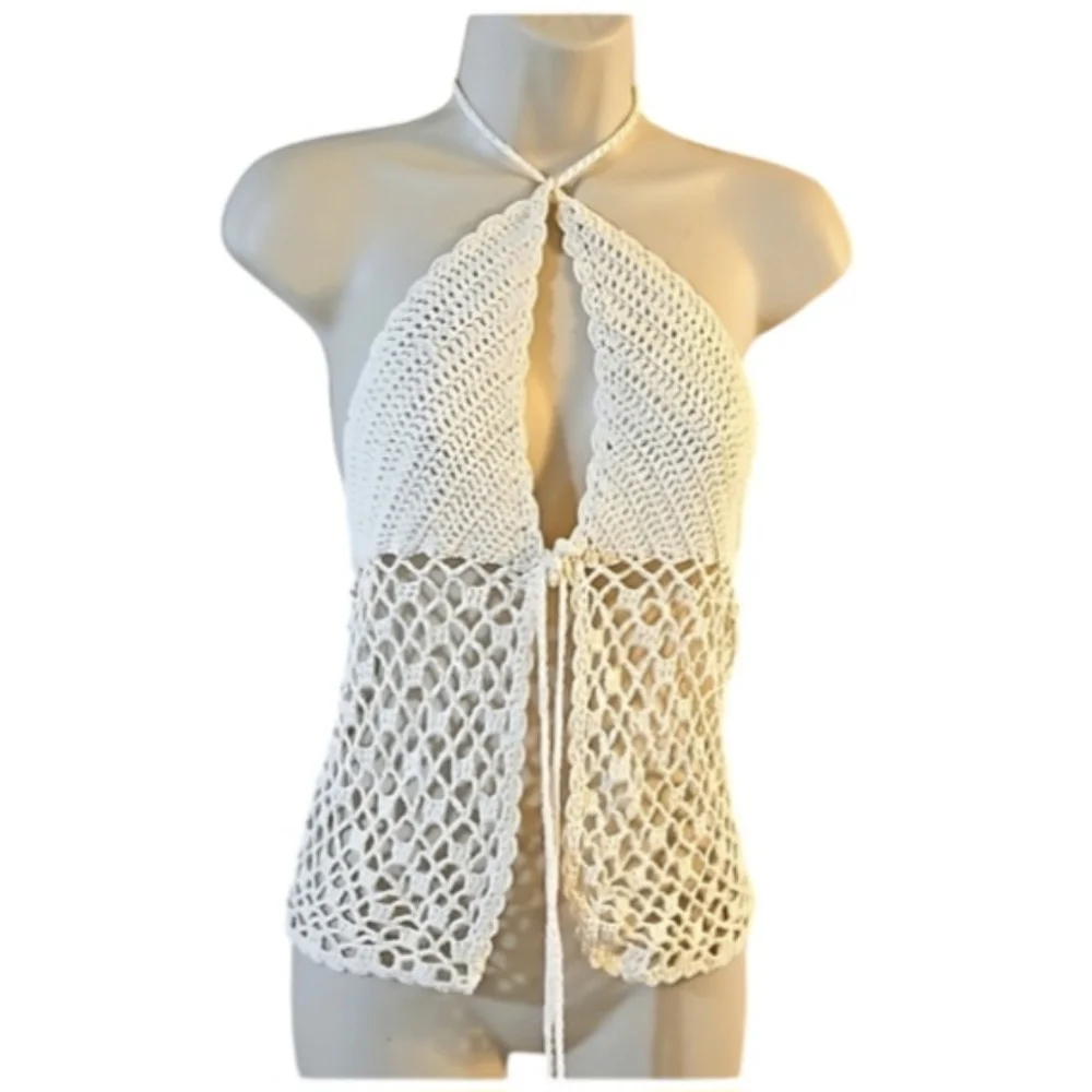 Hand Crafted Crochet Crop-Top Handmade Fishnet Swim Design Cream Summer Layer OS - Picture 3 of 17
